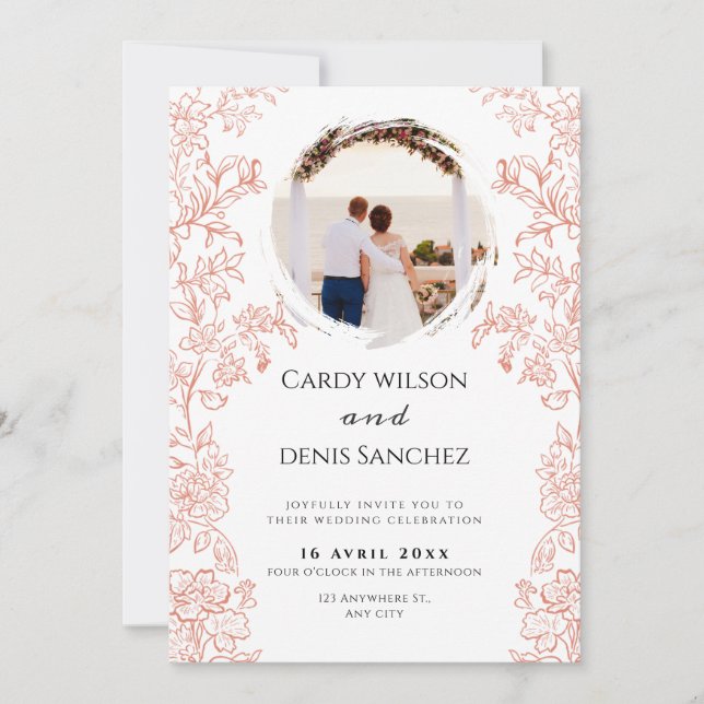 Convites Branco e Marrom Floral Moderno Foto Boho casamento (Frente)