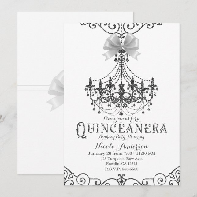 Convites Branco e Prata Laço Branco Chic Quinceañera 15 15  (Frente/Verso)