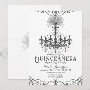 Convites Branco e Prata Laço Branco Chic Quinceañera 15 15