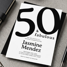 Convites Branco e Preto Elegante 50 & Fabuloso Aniversário 