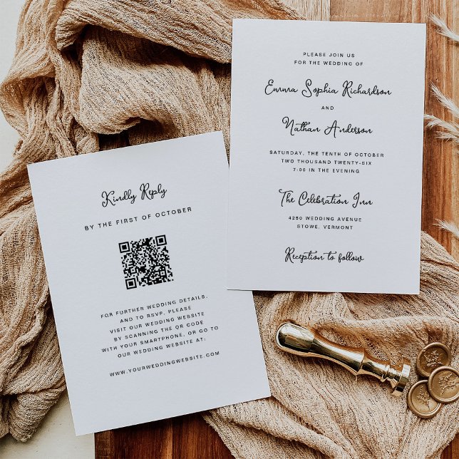 Convites Branco e Preto Whimsical Doce | Código QR de Casam (A sweet and whimsical wedding invitation with a scannable QR code to RSVP)