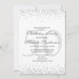 Convites Branco Elegante Cinza Prata Brilho 50º Aniversário