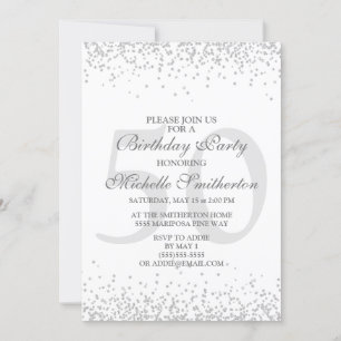 Convites Branco Elegante Cinza Prata Brilho 50º Aniversário