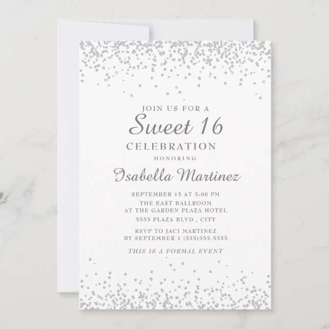 Convites Branco Elegante com Brilho Prateado Sweet 16 (Frente)