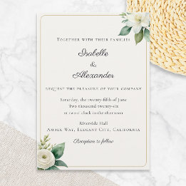Convites Branco Floral Verde Dourado Elegante