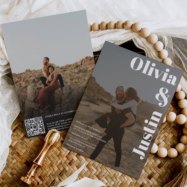 Convites Branco negro com nomes 2 fotos Qr code casamento (Criador carregado)