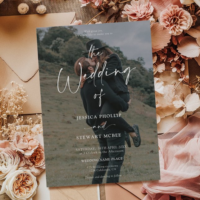 Convites Branco negro elegante todo em um casamento com fot (Elegant black white all in 1 script photo wedding invitation)