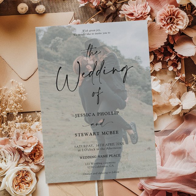 Convites Branco negro elegante todo em um casamento com fot (Elegant black white all in 1 script photo wedding invitation)