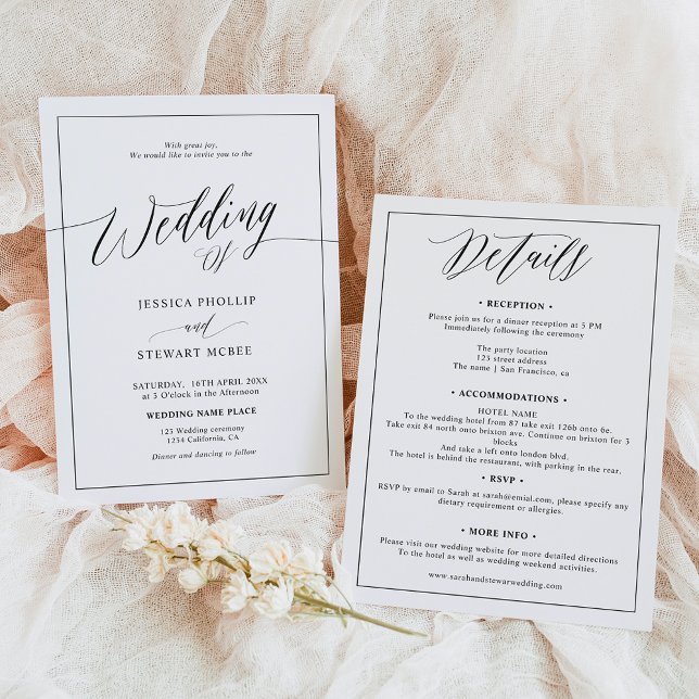 Convites Branco negro elegante todo em um casamento de guiã (Elegant black white all in one script wedding invitation)