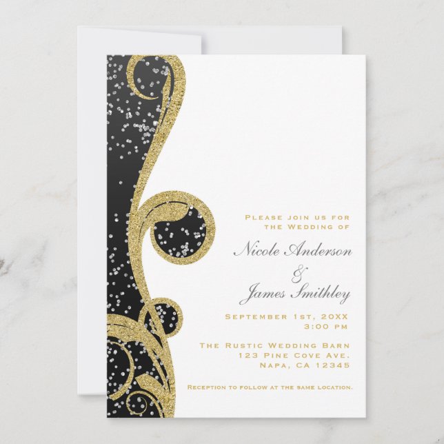 Convites Branco Prata Dourado Preto Elegante Redemoinho Cas (Frente)