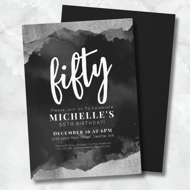 Convites Branco Preto 50º Aniversário (Elegant White Black 50th Birthday Invitation)