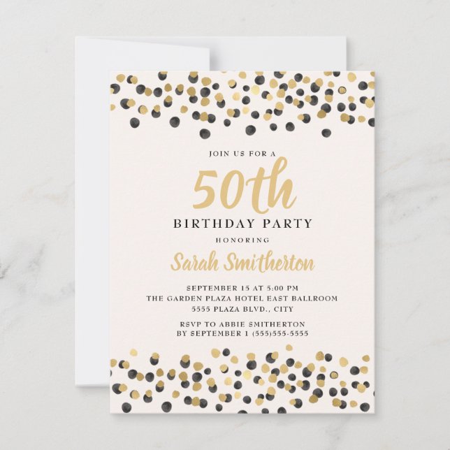 Convites Branco Preto Dourado Confete Brilho 50º Aniversári (Frente)