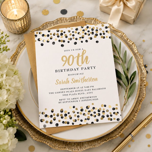 Convites Branco Preto Dourado Confete Brilho 90º Aniversári (Black and gold confetti 90th birthday party invitation)