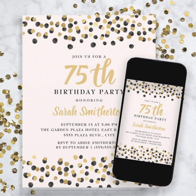 Convites Branco Preto Dourado Confete Brilho Aniversário de (Criador carregado)