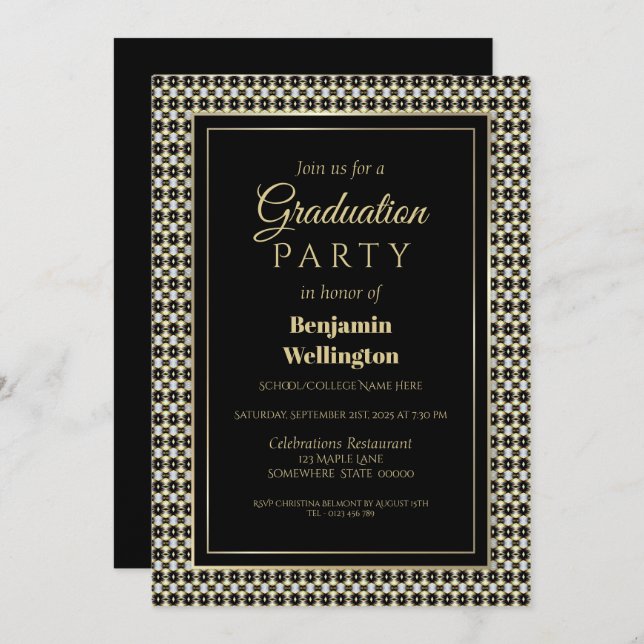 Convites Branco preto e Festa de formatura Dourada (Frente/Verso)