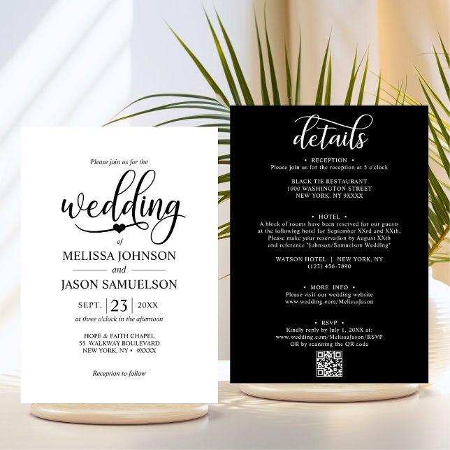 Convites Branco preto moderno ALL IN ONE Weding + código QR (Modern Black White ALL IN ONE Wedding + QR code Invitation | Details, Information, RSVP, Hotel)