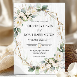 Convites Branco Verde Floral Dourado Geométrico Casamento