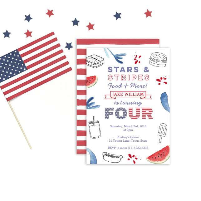 Convites Branco Vermelho e Azul 4º Aniversário para Menino  (Criador carregado)