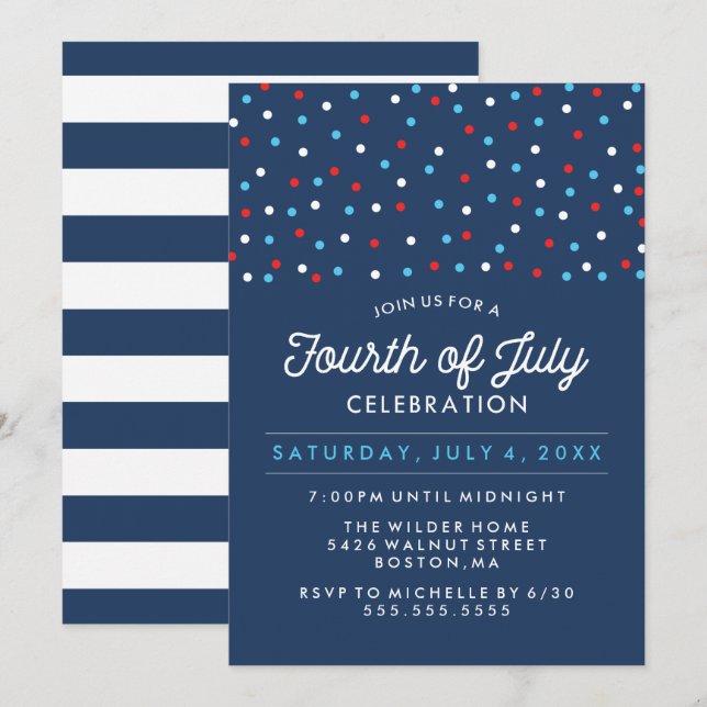 Convites Branco vermelho e azul | Celebração do 4 de julho (Frente/Verso)