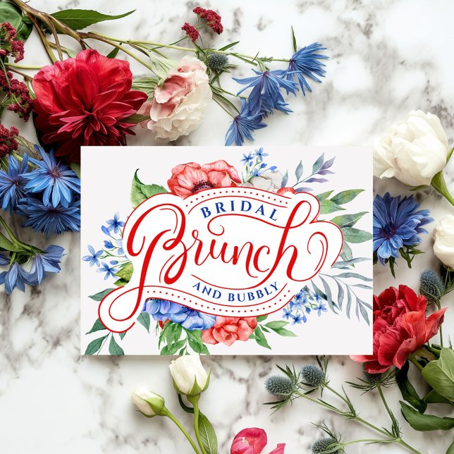 Convites Branco vermelho e azul floral | Brunch e Bubble (Criador carregado)
