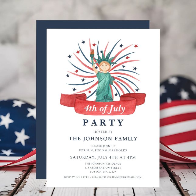 Convites Branco Vermelho e Azul, Patriótico, Cute, 4 de jul (Cute Patriotic Red White And Blue 4th of July Invitation)
