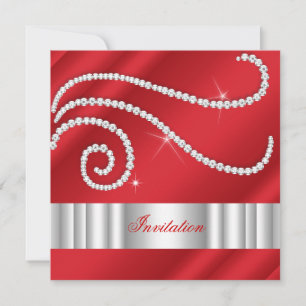 Convites Branco Vermelho Joia Diamantes Prata Aniversário