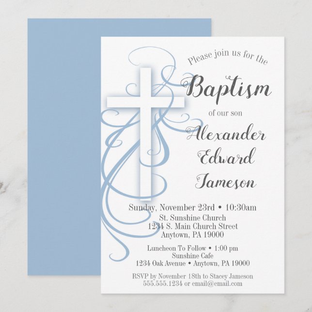 Convites Brancos Blue Swirl Cross Baptism (Frente/Verso)