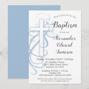 Convites Brancos Blue Swirl Cross Baptism
