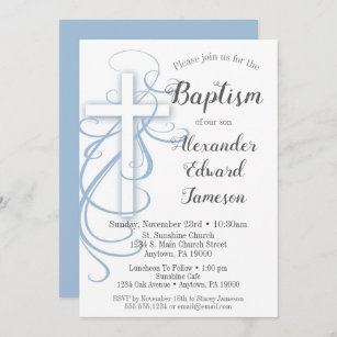 Convites Brancos Blue Swirl Cross Baptism