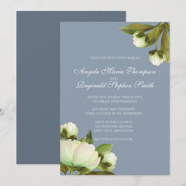 Convites Brancos com Azul Dusty (Frente/Verso)