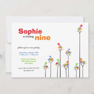 Convites Brancos de Cores Whimsical Pássaros Árvores Crianç