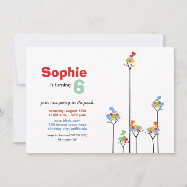 Convites Brancos de Cores Whimsical Pássaros Árvores Crianç (Frente)