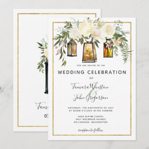 Convites Brancos Elegantes e Lanternas Douradas Rústicas