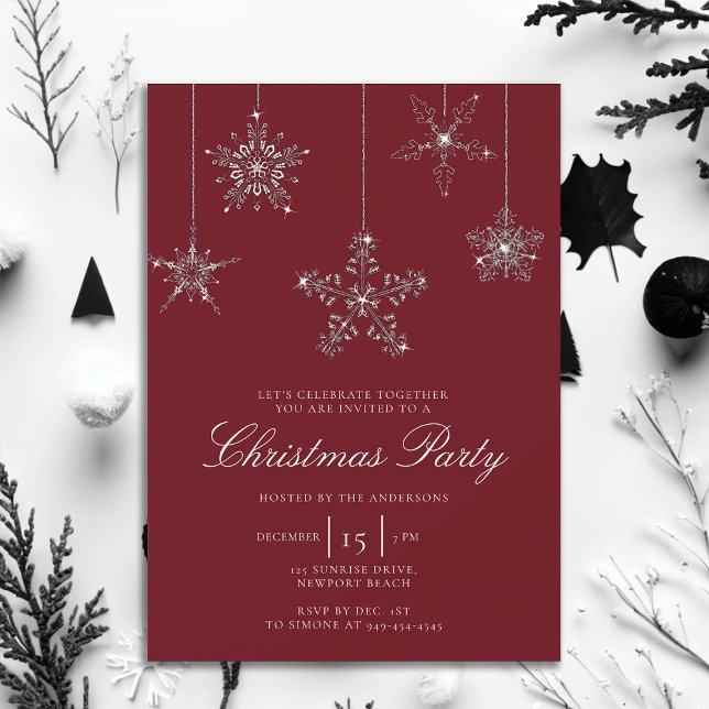 Convites Brancos Rinotraqueais Vermelhos Brancos Flocos de  (rhinestones glitter christmas party invitation elegant white red modern minimalist classy stylish)