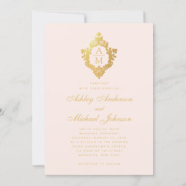 Convites Brasão Floral Dourado Falso Rosa Casamento Monogra