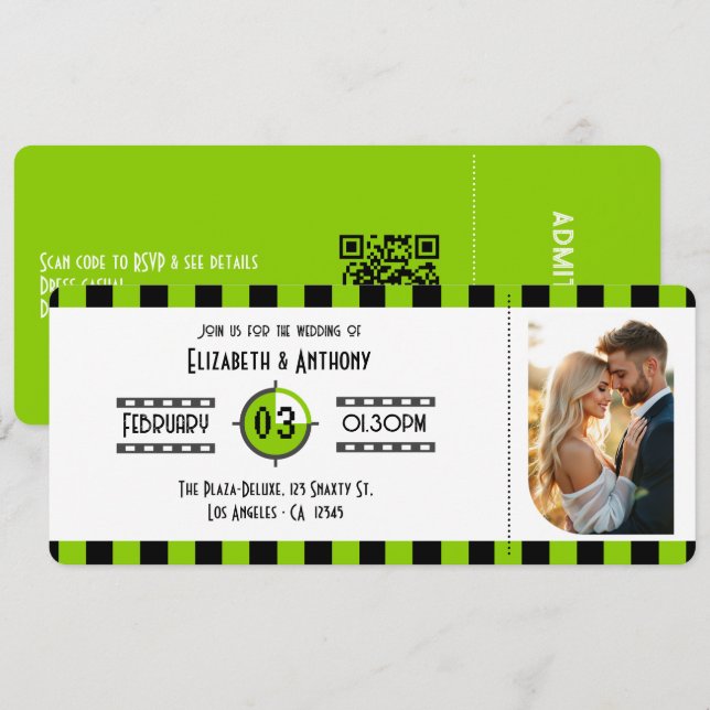 Convites Brat Green, Black & White Cinema Ticket Wedding (Frente/Verso)