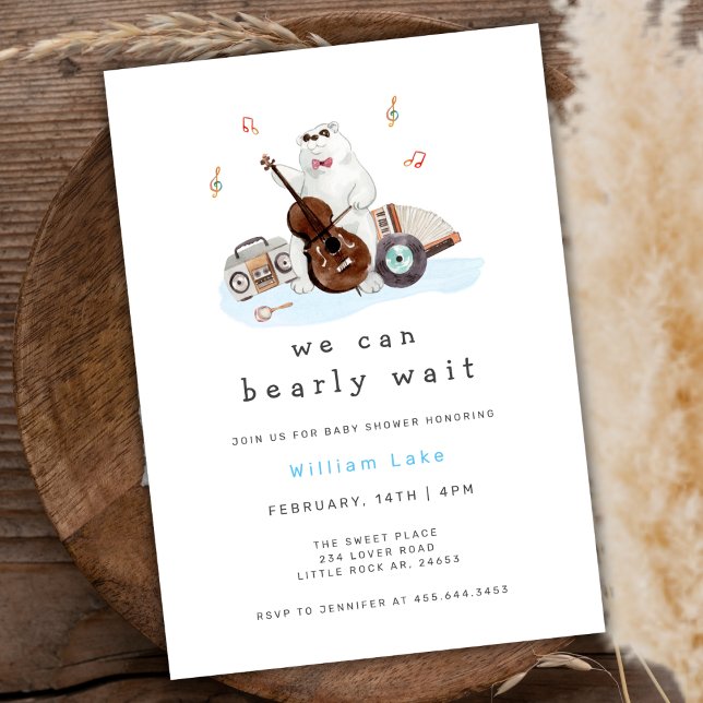 Convites Bravo Aguardar Chá de fraldas do Urso Polar Musico (Fun Bearly Wait Musician Polar Bear Baby Shower Invitation)