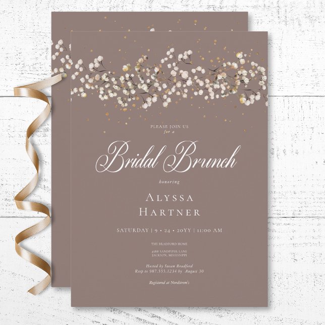 Convites Breath Brown Bridal Brunch, bebê branco russo (Rustic White Baby's Breath Brown Bridal Brunch Invitation)