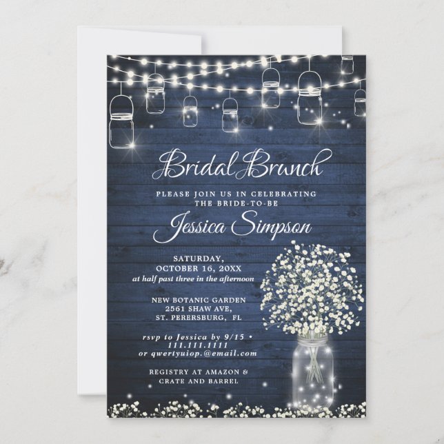Convites Breath do bebê Mason Jar Blue Rustic Bridal Brunch (Frente)