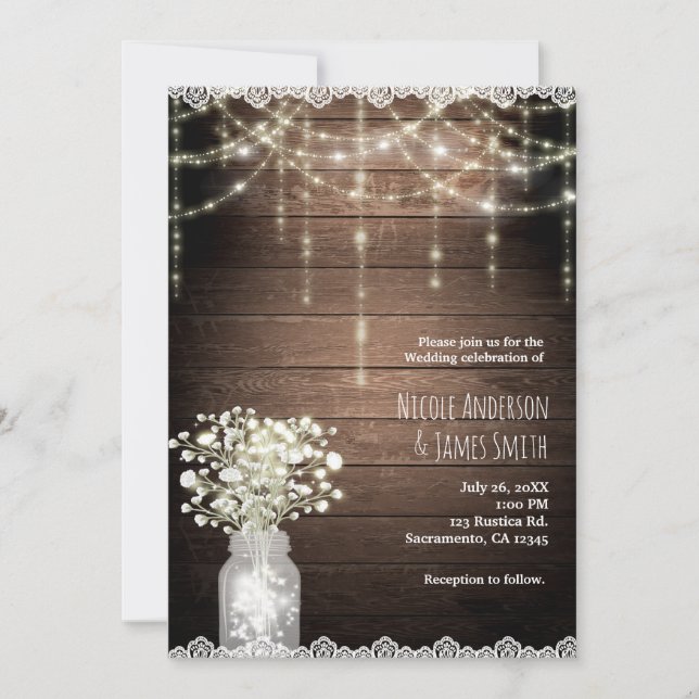 Convites Breath Mason Jar Lights & Wood Wedding (Frente)