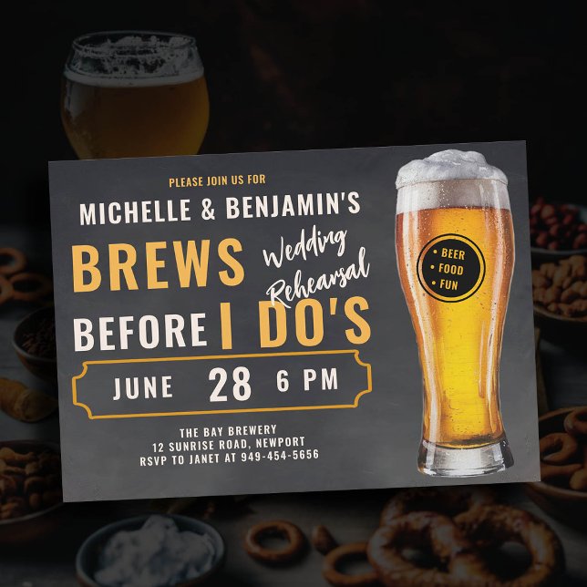 Convites Breve antes de eu fazer o teste de casamento de fe (brews before i dos wedding rehearsal dinner invitation brewery theme rustic chalk board beer glass)