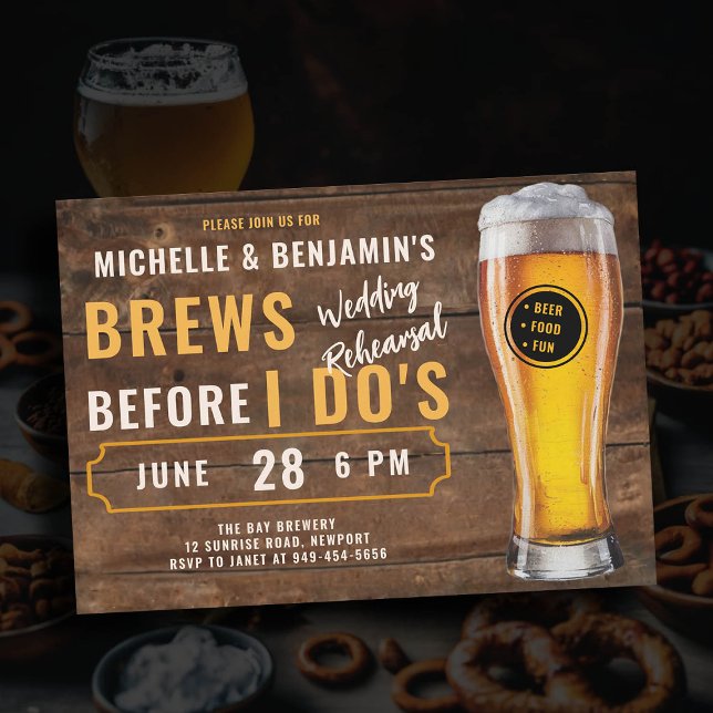 Convites Breve Antes Que Eu Faça Um Ensaio De Casamento De  (brews before i dos wedding rehearsal dinner invitation brewery theme rustic wood board beer party)