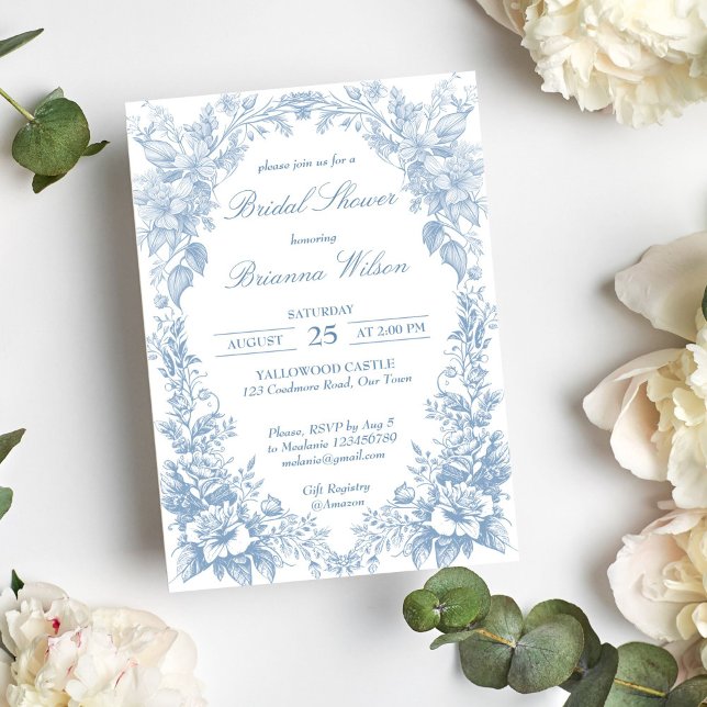 Convites Brida azul Elegante de galinha de galinha (Elegant French garden toile chinoiserie dusty blue bridal editable Invitation instant download)