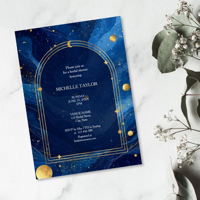Convites Brida Chic Celestial Encantada Mística (blue sky with golden moon and stars, arched golden frame bridal shower invitation)