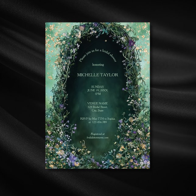 Convites Brida Floral Elegante Floresta Encantada (emerald green and purple enchanted garden wood with meadow flowers bridal shower invitation)