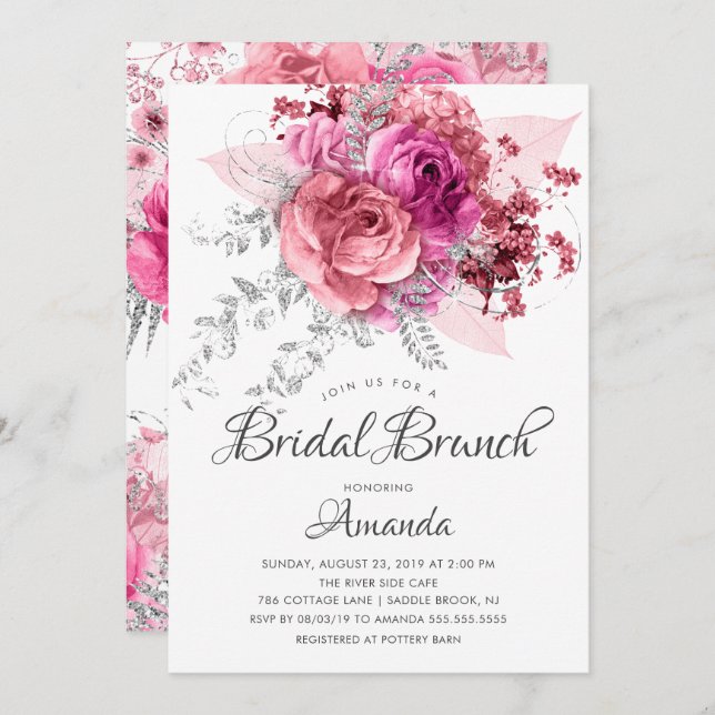 Convites Brida Floral Moderna Rosa e Silver Brunch (Frente/Verso)