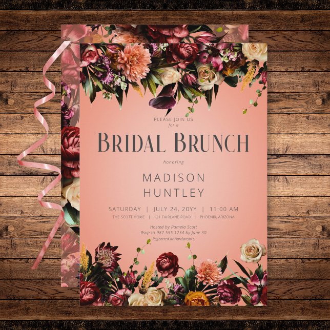Convites Brida Floral Rústica de Pêssego e Brida Roxa Brunc (Rustic Peach Wine & Purple Floral Bridal Brunch Invitation)