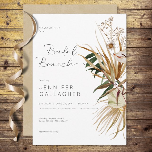 Convites Brida Floral Seca de Brida Branca Moderna (Modern White Boho Dried Floral Bridal Brunch Invitation)