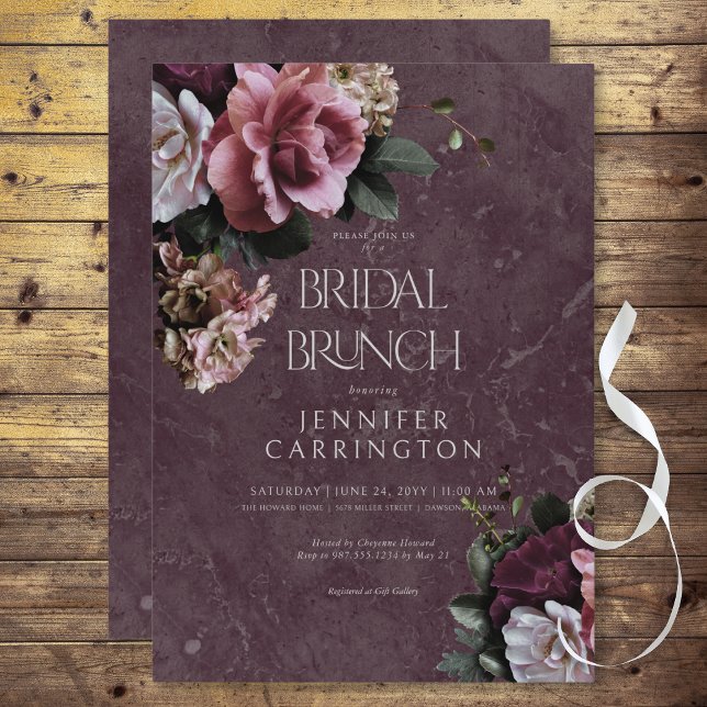 Convites Brida Moderna Floral Maroon e Rosa Brunch (Maroon & Pink Floral Modern Bridal Brunch Invitation)