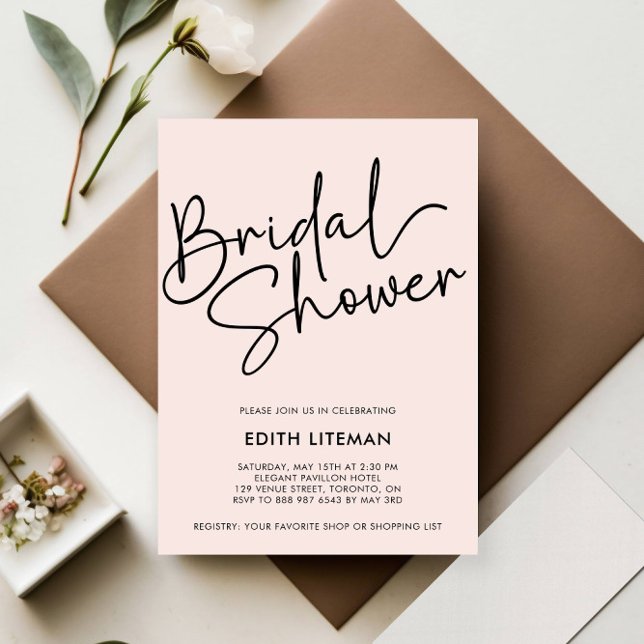 Convites Brida Rosa Elegante com Script Simples Manuscrito (HANDWRITTEN CALLIGRAPHY SCRIPT MODER BRIDAL SHOWER PARTY INVITATION BLACK AND BLUSH PINK)